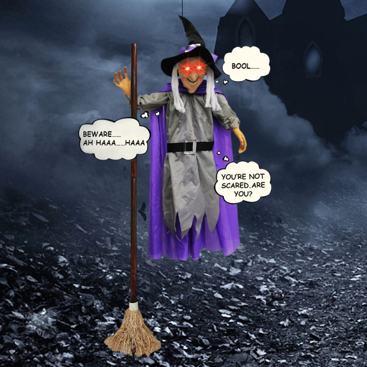 Halloween Flying Witch on Broom Decorations, 6 FT Animated Hovering Witch Animatronics Holding Sweeper Props with Scary Lights, House Decor for Outside Indoor Garden Yard Lawn