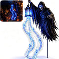 Halloween Grim Reaper Solar Garden Light, Animated Skeleton Yard Stake with Glowing Blue Ghost Streamer & Lantern, Halloween Outdoor Decorations for Front Yard & Walkway