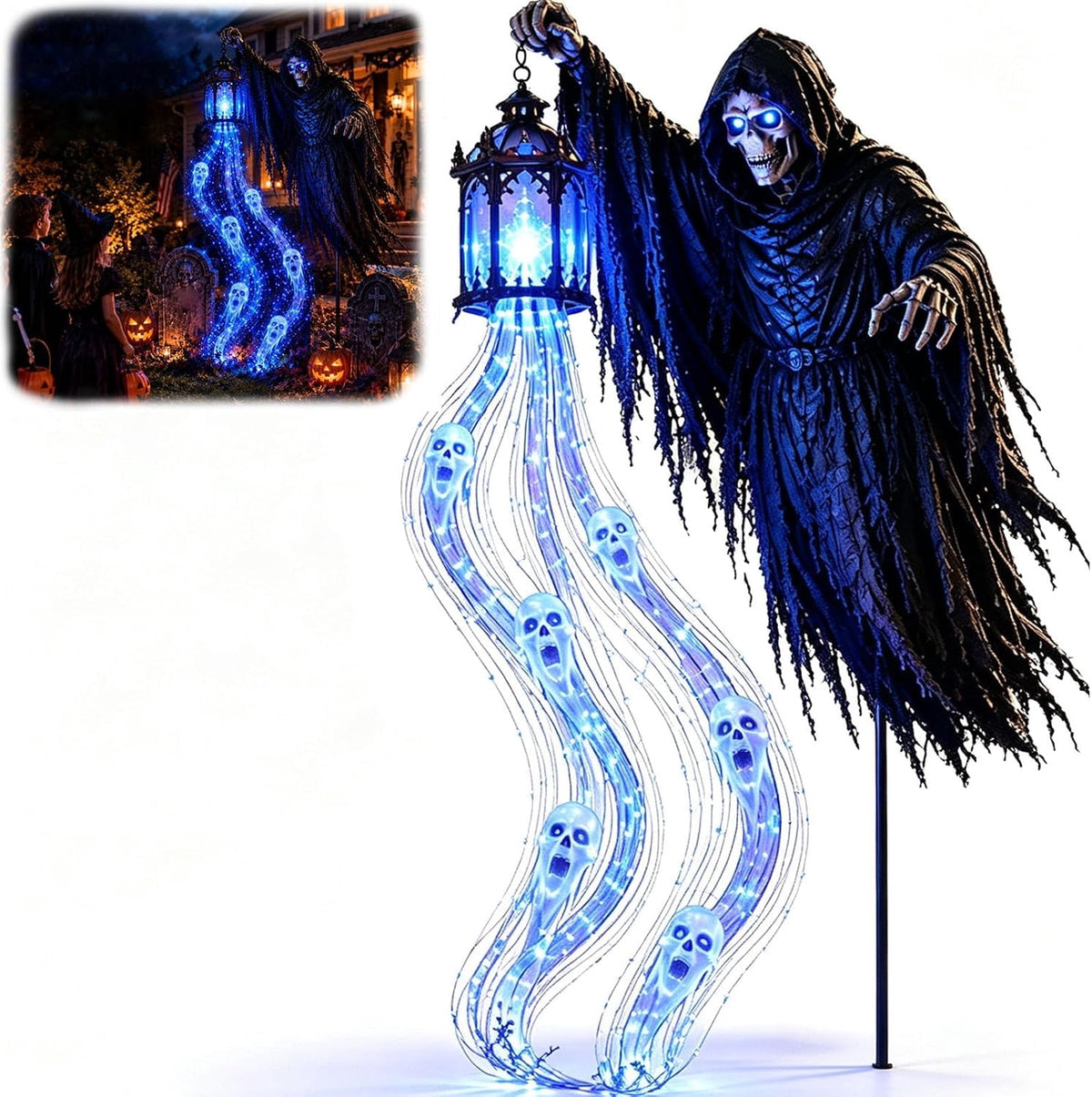Halloween Grim Reaper Solar Garden Light, Animated Skeleton Yard Stake with Glowing Blue Ghost Streamer & Lantern, Halloween Outdoor Decorations for Front Yard & Walkway
