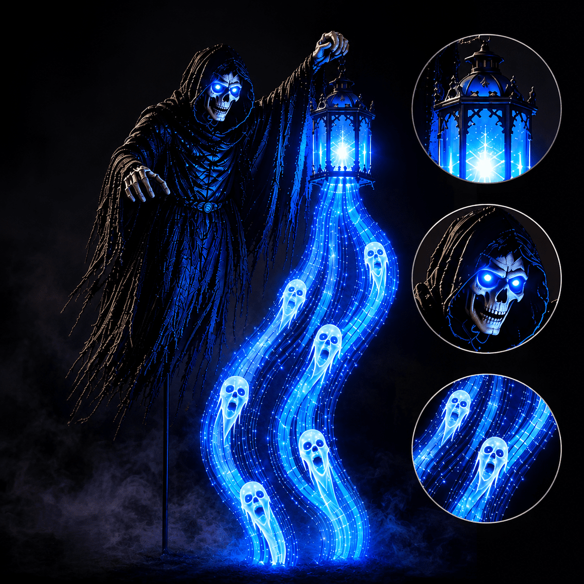 Halloween Soul Harvester Animated Solar Garden Stake Light, 31.5 Inch Grim Reaper Blue Ghost Light with Haunted Lantern, Spooky Outdoor Yard Decor for Lawn Walkway Garden