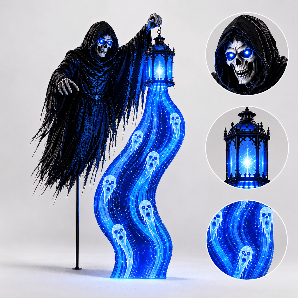 Halloween Soul Harvester Animated Solar Garden Stake Light, 31.5 Inch Grim Reaper Ghost Light with Blue LED Lantern, Spooky Solar Yard Stake Decor for Lawn Garden Pathway Halloween Party