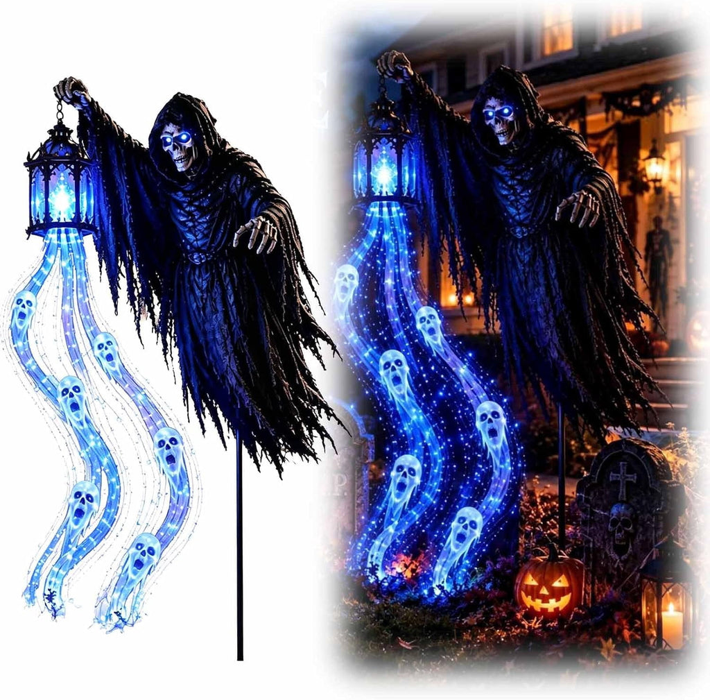 Halloween Soul Harvester Animated Solar Garden Stake Light, Outdoor Decors Flowing Blue Ghost Effect With Glowing Reaper Eyes And Lantern For Front Yard, Pathway, Porch Entrance And Graveyard Display