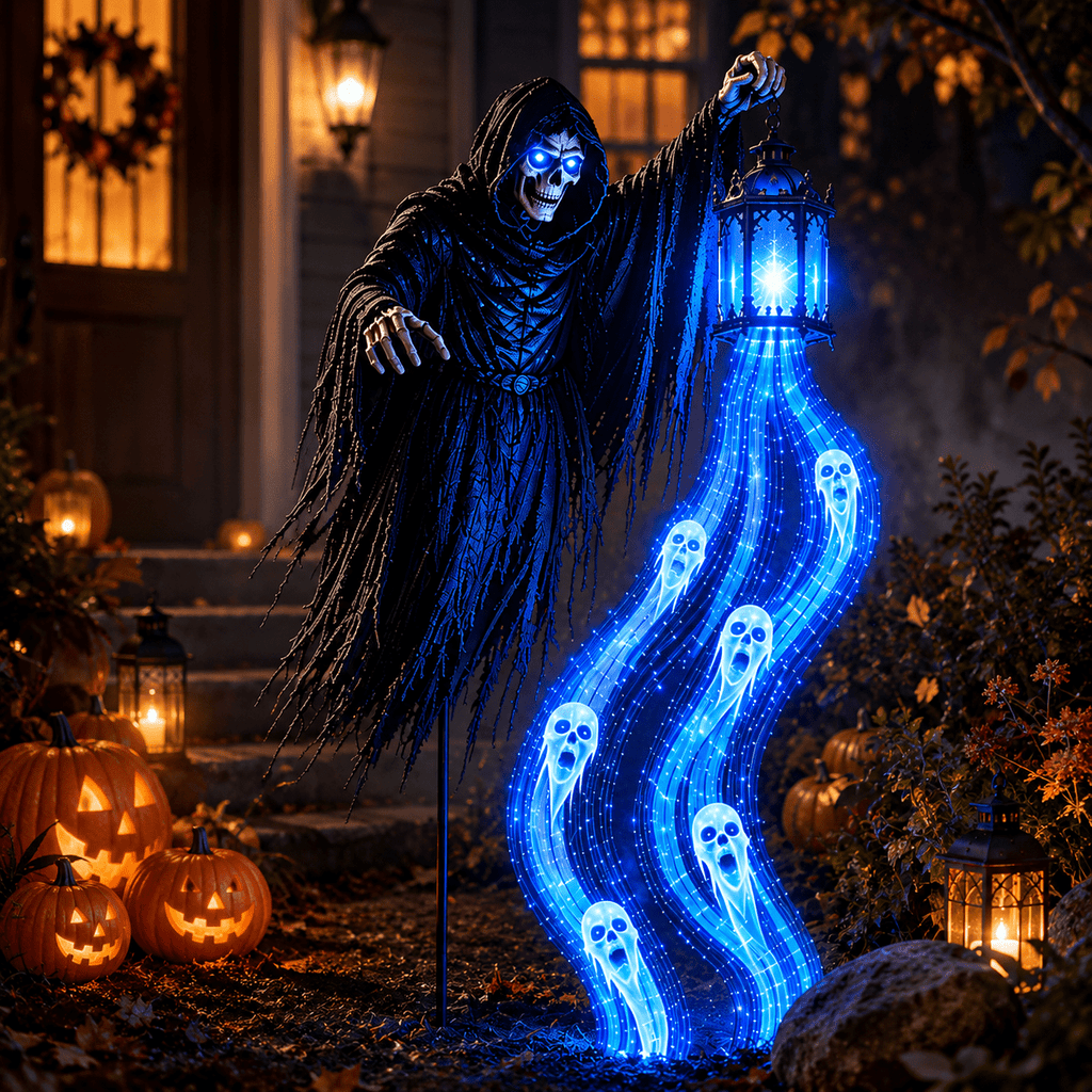 Halloween Soul Harvester Animated Solar Garden Stake Light, Spooky Grim Reaper with Blue Ghost Lights and Lantern, 31.5 Inch Solar Halloween Yard Stake for Haunted House Lawn Garden Decor