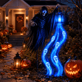 Halloween Soul Harvester Animated Solar Garden Stake Light, Spooky Skeleton Reaper with Cascading Blue Souls, 31.5 Inch Solar Ghost Yard Stake for Cemetery Lawn Outdoor Decor