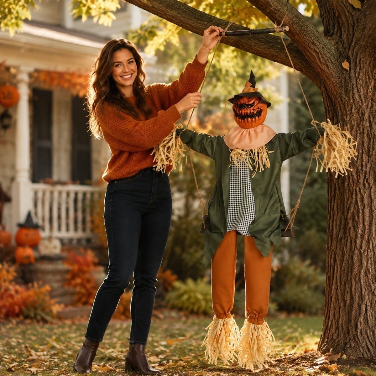Hanging Halloween Pumpkin Decoration – Motion Sensor Animated Swinging Prop with Light Up Eyes, Spooky Sounds & Scary Movement for Yard, Lawn, Porch or Party