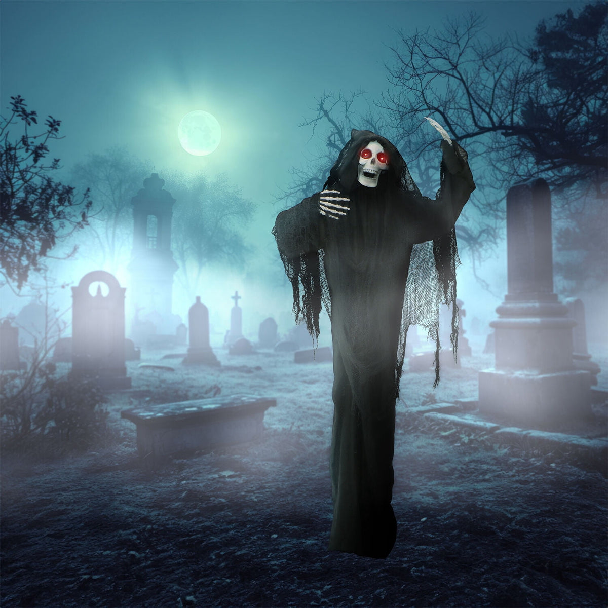 Haunted Hill Farm 5 ft Life-Size Animated Grim Reaper Prop w/ Chain and Rotating Head for Indoor or Outdoor Halloween Decoration, Battery-Operated