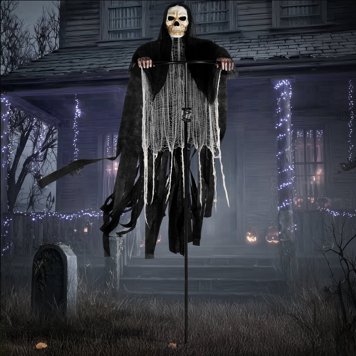 Joyfy 67"(5.6ft) Standing Grim Reaper with Chain, Large Halloween Decorations Outdoor, Life Size Animatronics Skelton, Sound-Actived Party Decor with Creepy Sound & LED Eyes, Scary Haunted House Prop