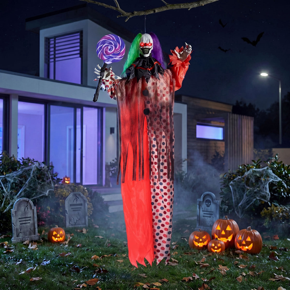 Joyfy 65" Halloween Hanging Scary Clown Decorations with Chain, with LED Lights Talking Animatronics Decor Outdoor Indoor for Haunted House Lawn Yard Patio