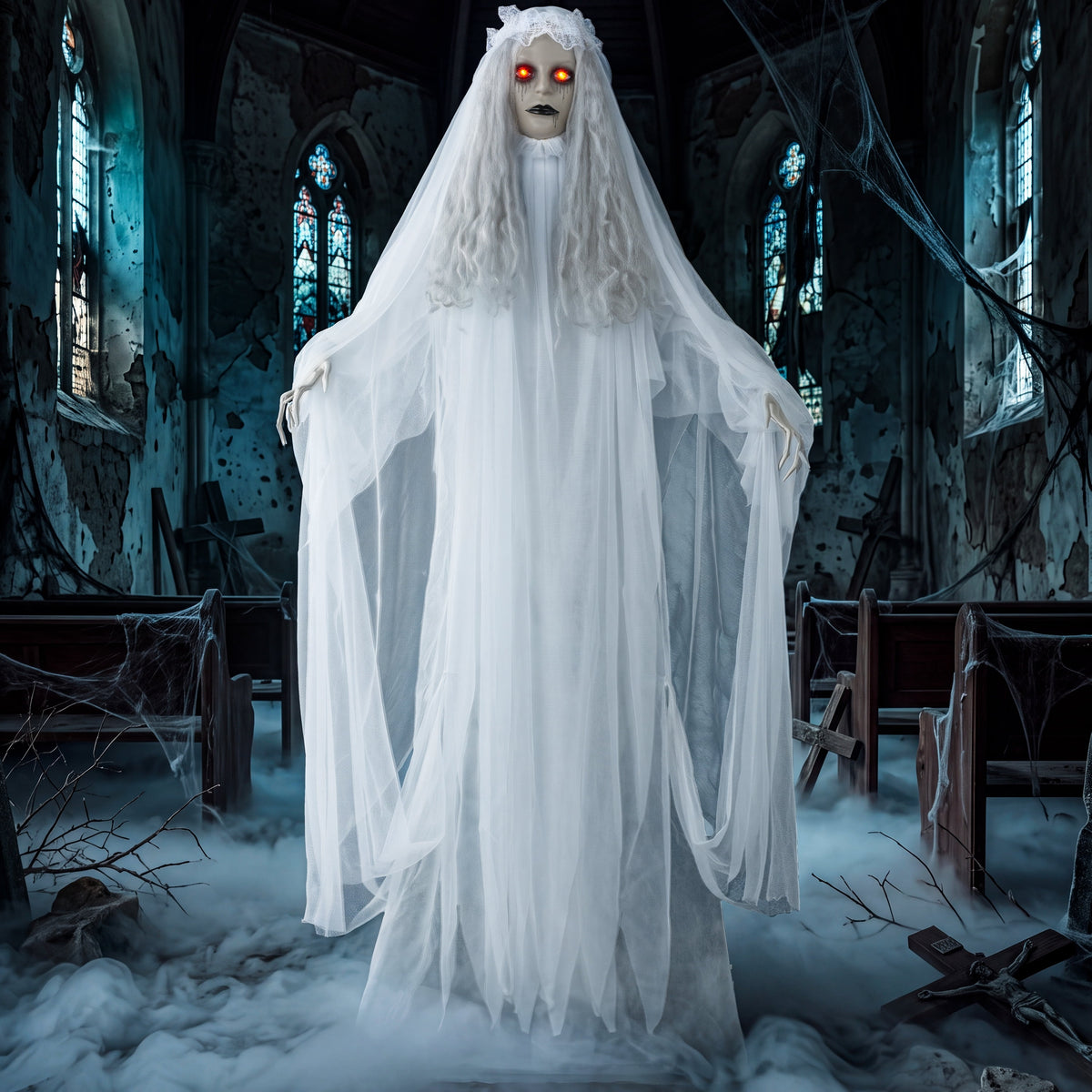 Joyfy 67"(5.6ft) Standing Ghost Large Halloween Decorations Outdoor, Sound-Actived Skeleton with Glowing Eyes & Creepy Sound, Scary Halloween Life Size Animatronics, Haunted House Props for Yard Lawn