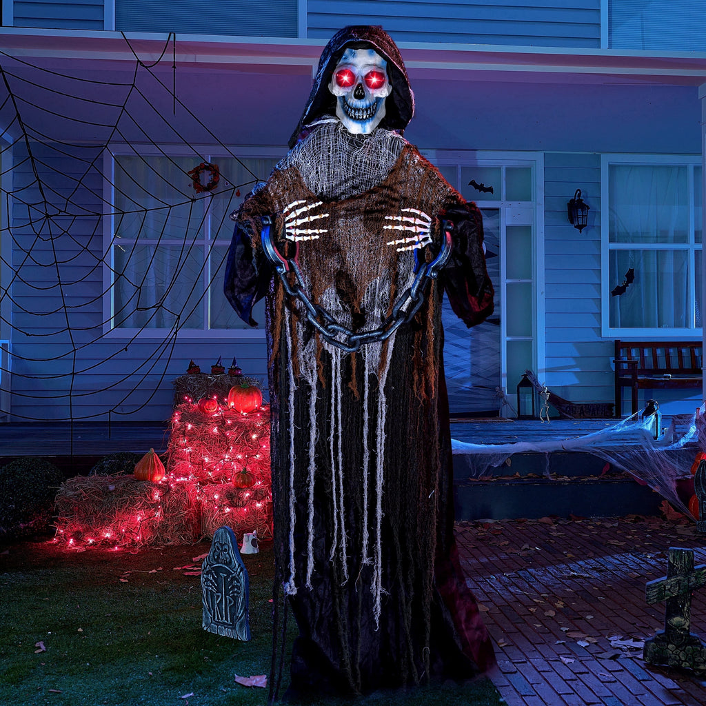 Joyfy 67"(5.6ft) Standing Grim Reaper with Chain, Large Halloween Decorations Outdoor, Life Size Animatronics Skelton, Sound-Actived Party Decor with Creepy Sound & LED Eyes, Scary Haunted House Prop