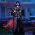 Joyfy 67"(5.6ft) Standing Grim Reaper with Chain, Large Halloween Decorations Outdoor, Life Size Animatronics Skelton, Sound-Actived Party Decor with Creepy Sound & LED Eyes, Scary Haunted House Prop