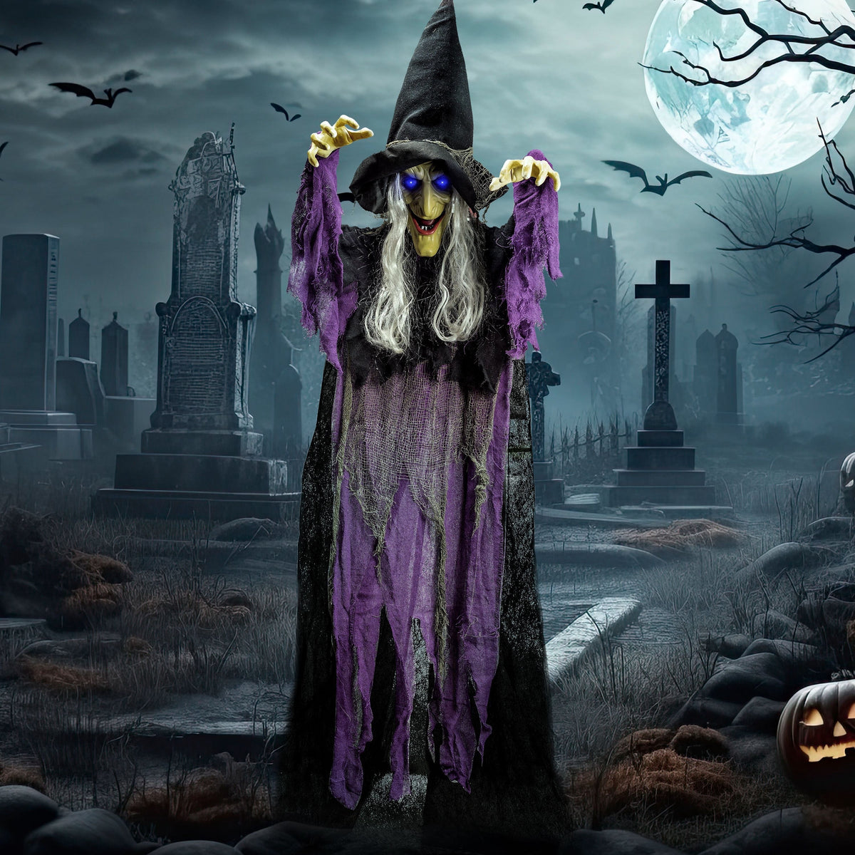 Joyfy 47" Halloween Decorations Outdoor,Life Size Animated Witch Scary Decorations Halloween Motion Activated Witch with LED Eyes & Sound,Haunted House Decor