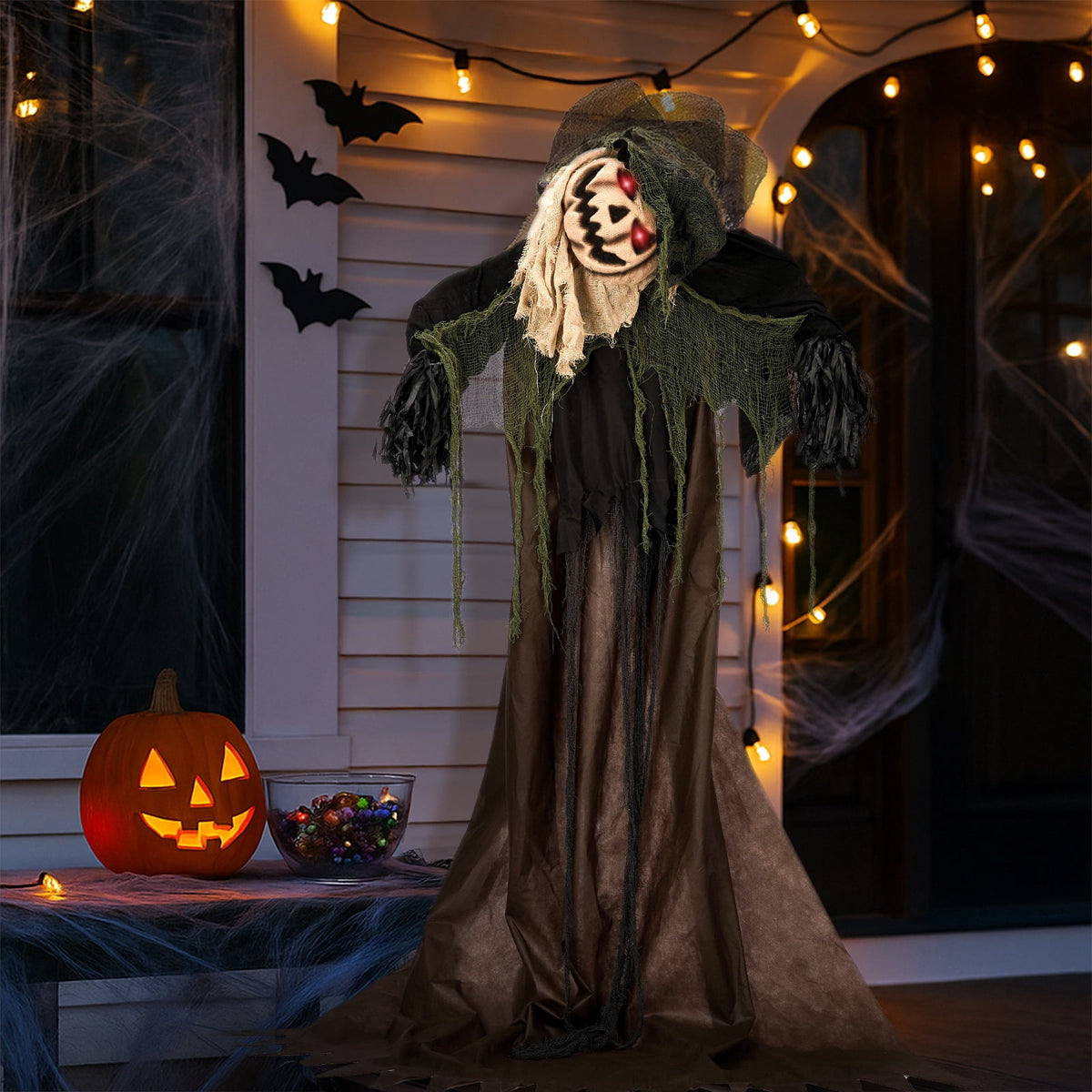 Ktaxon 6ft Pumpkin Man Animated Animatronic Decoration Creepy Halloween w/ Classic Cape Creepy Cloaked Jack-o'-Lantern for Porch & Yard
