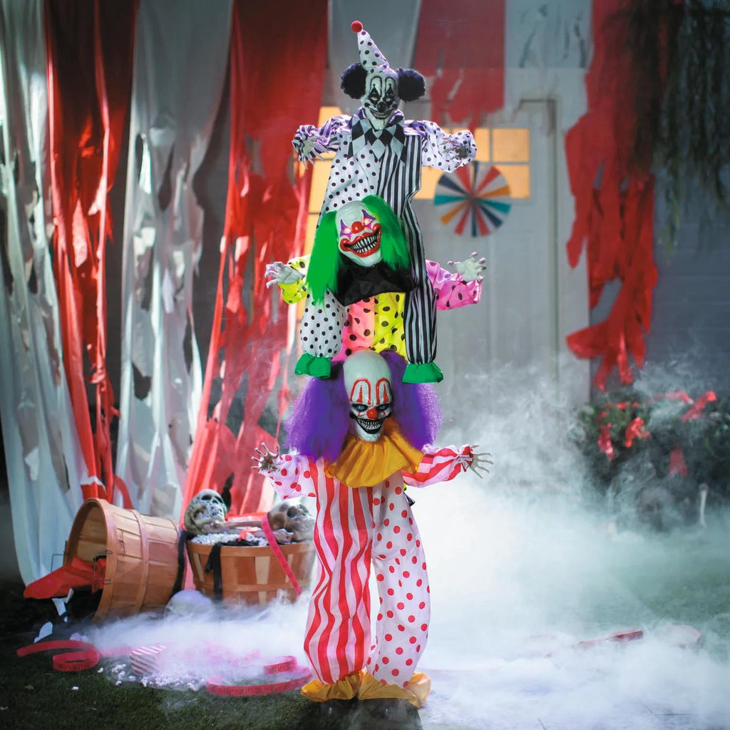 5 Ft 10 3/4" Animated Standing Light-Up LED Stacked Clown Trio Halloween Decoration