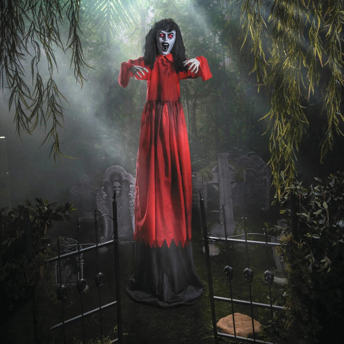 5 Ft. 10 3/4" Animated Standing Up & Down Lady in a Red Dress Halloween Decoration