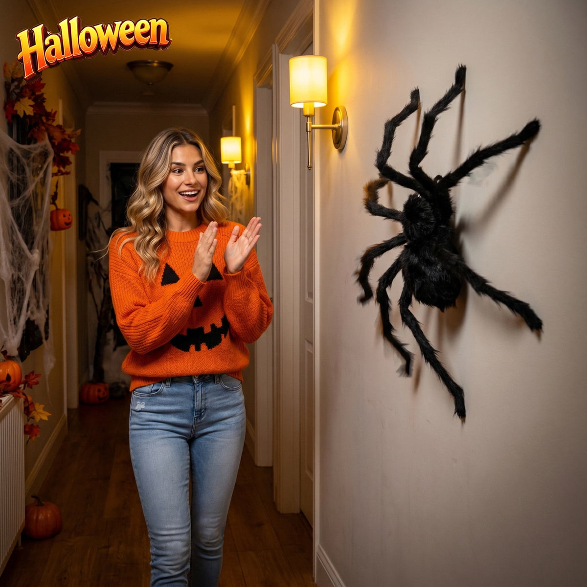 Qocolcyl 29.5in Voice Activated Giant Black Furry Spider Halloween Decor, Sound Controlled Crawling Plastic Spider Toy, Spooky Animated Prop for Indoor Outdoor Yard Bar Party Holiday Decor Gift