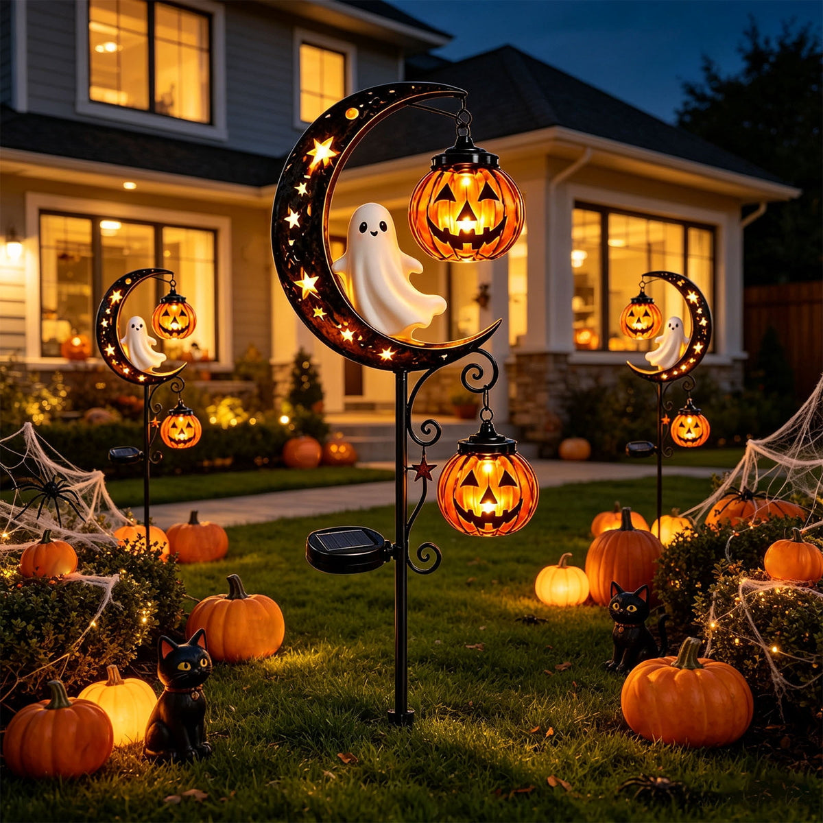 Solar Halloween Metal Moon Black Cat Garden Stake with LED Pumpkin Lantern, Light Up Star Bat Yard Decor Stake, Spooky Outdoor Lawn Pathway Halloween Decoration
