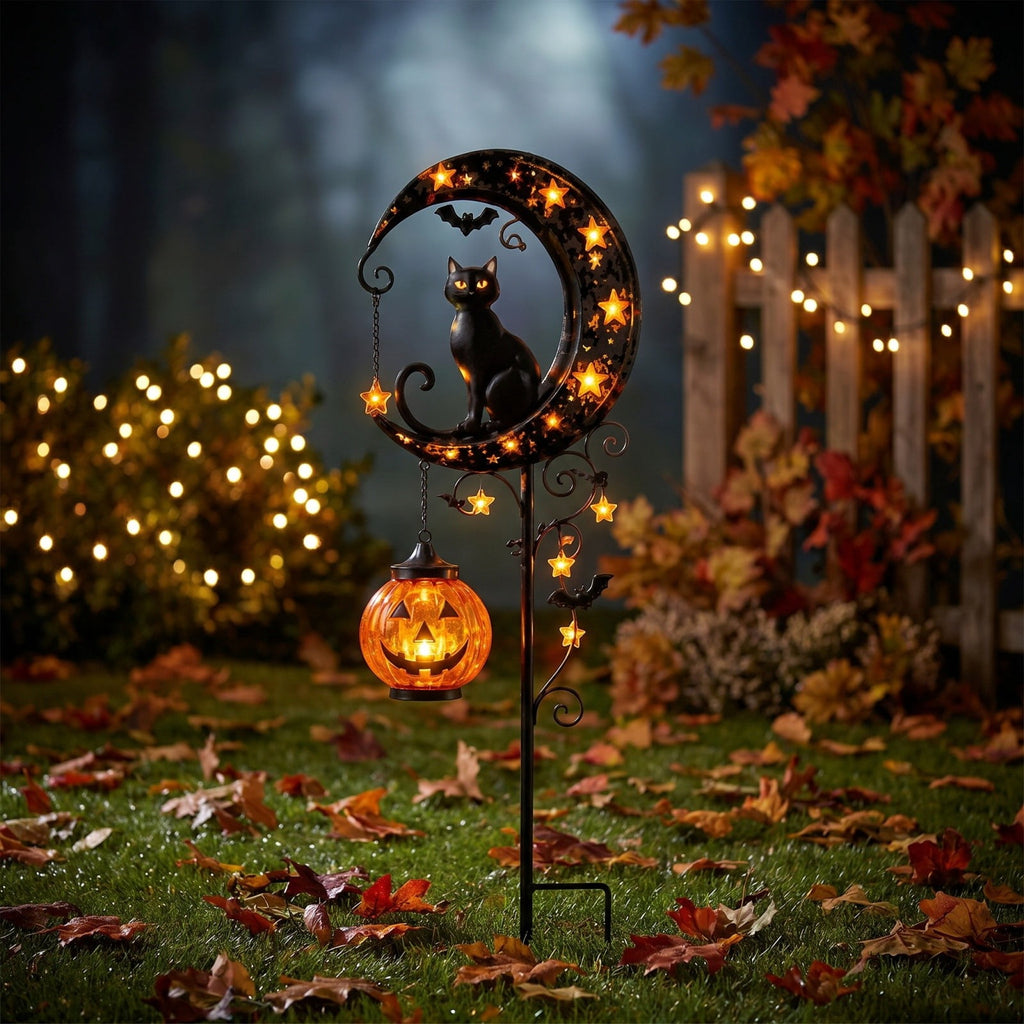 Solar Halloween Metal Moon Black Cat Garden Stake with LED Pumpkin Lantern, Light Up Star Bat Yard Decor Stake, Spooky Outdoor Lawn Pathway Halloween Decoration