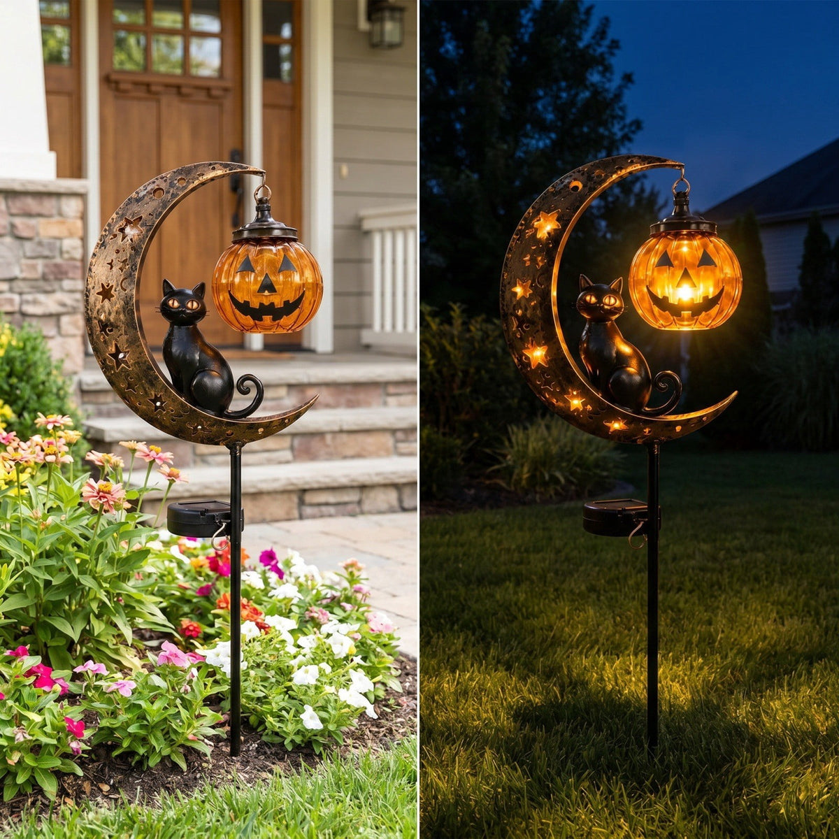 Solar Halloween Metal Moon Black Cat Garden Stake with LED Pumpkin Lantern, Light Up Star Bat Yard Decor Stake, Spooky Outdoor Lawn Pathway Halloween Decoration