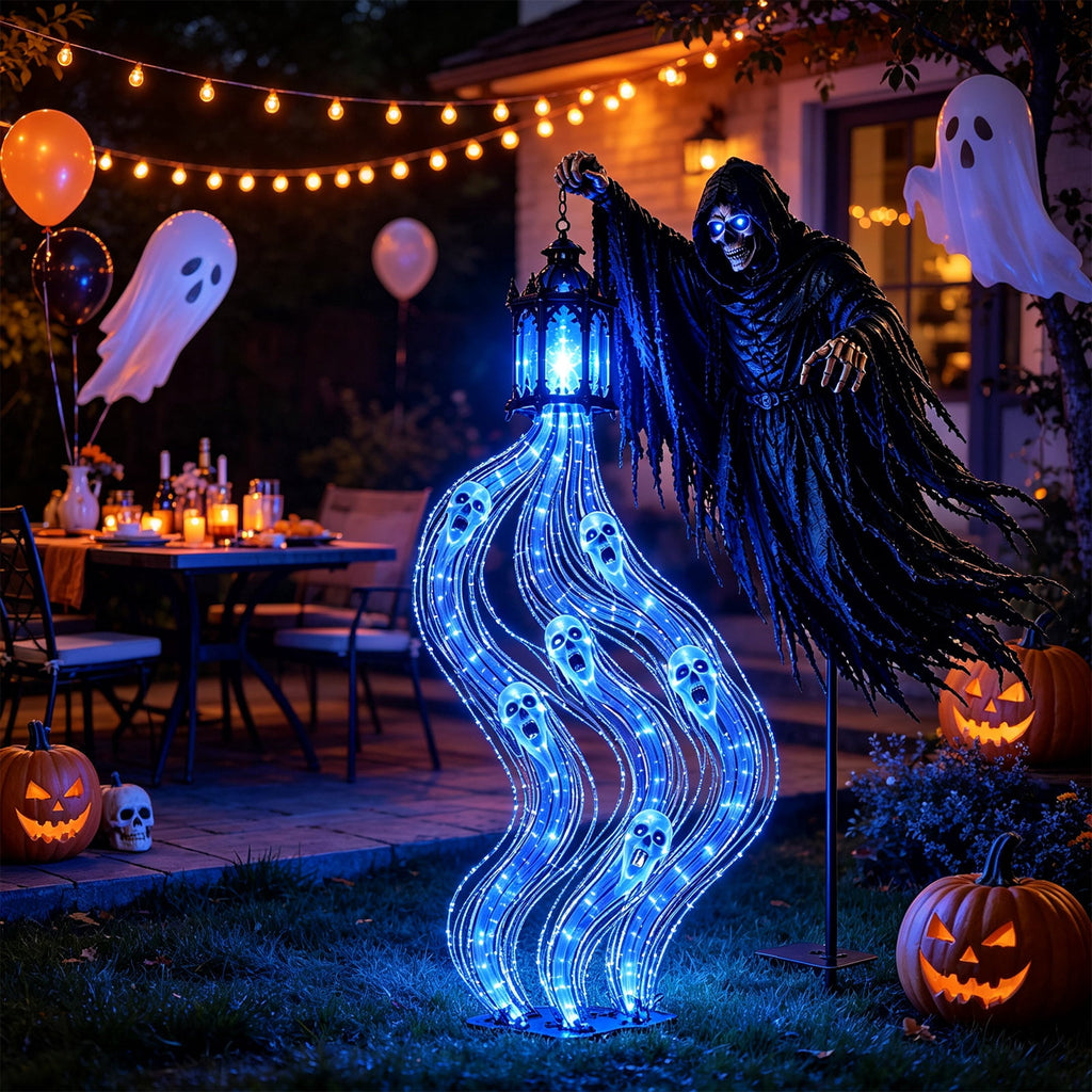 Sulaicai Halloween Soul Harvester Animated Garden Light, Spooky Reaper Ghost Yard Stake with Blue LED Lights, Outdoor Halloween Decor for Lawn, Pathway & Porch