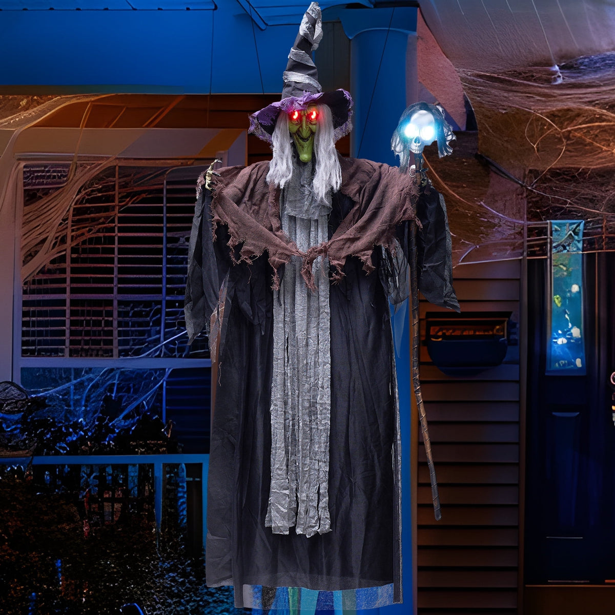 Joyfy 6ft Halloween Witch Decoration,Outdoor Scary Halloween Animatronic Hanging Witch with Light Up Eyes and Sound Decoration for Halloween Outdoor