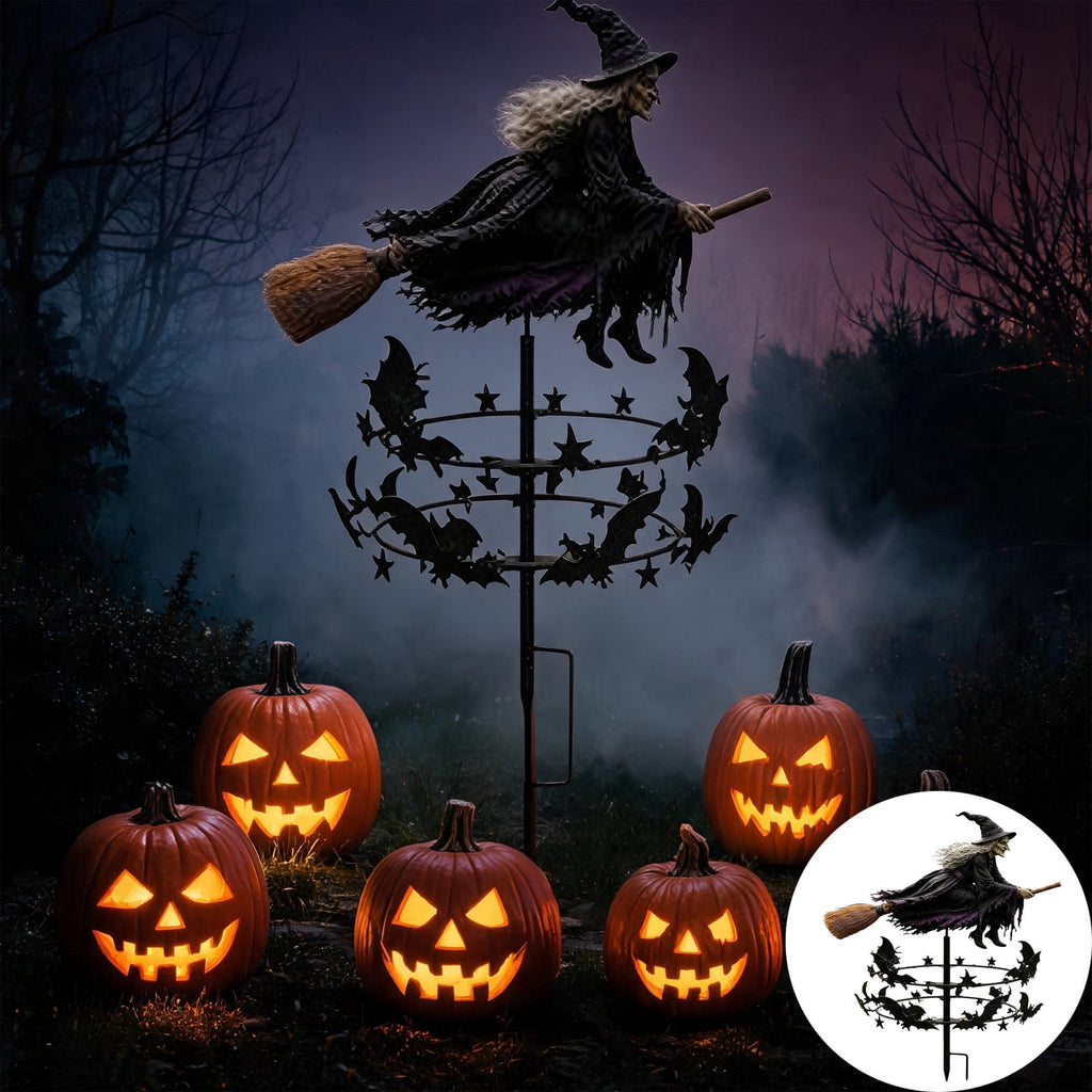 The Enchanted Witch Garden Wind Spinner, Halloween Garden Stake Decoration with Witch & Bat, for Garden, Patio, Pathway Decoration, 1pc