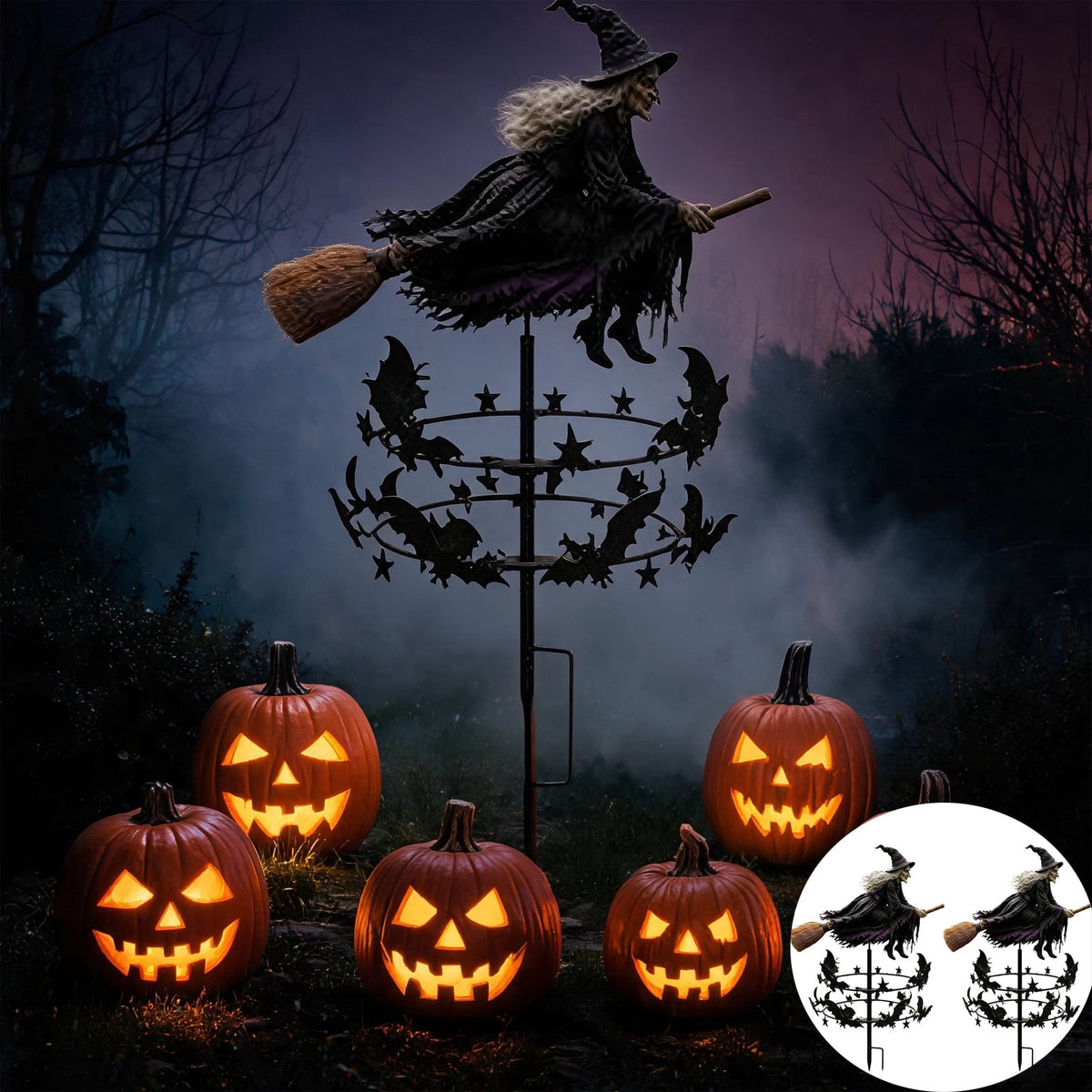The Enchanted Witch Garden Wind Spinner, Halloween Garden Stake Decoration with Witch & Bat, for Garden, Patio, Pathway Decoration, 1pc