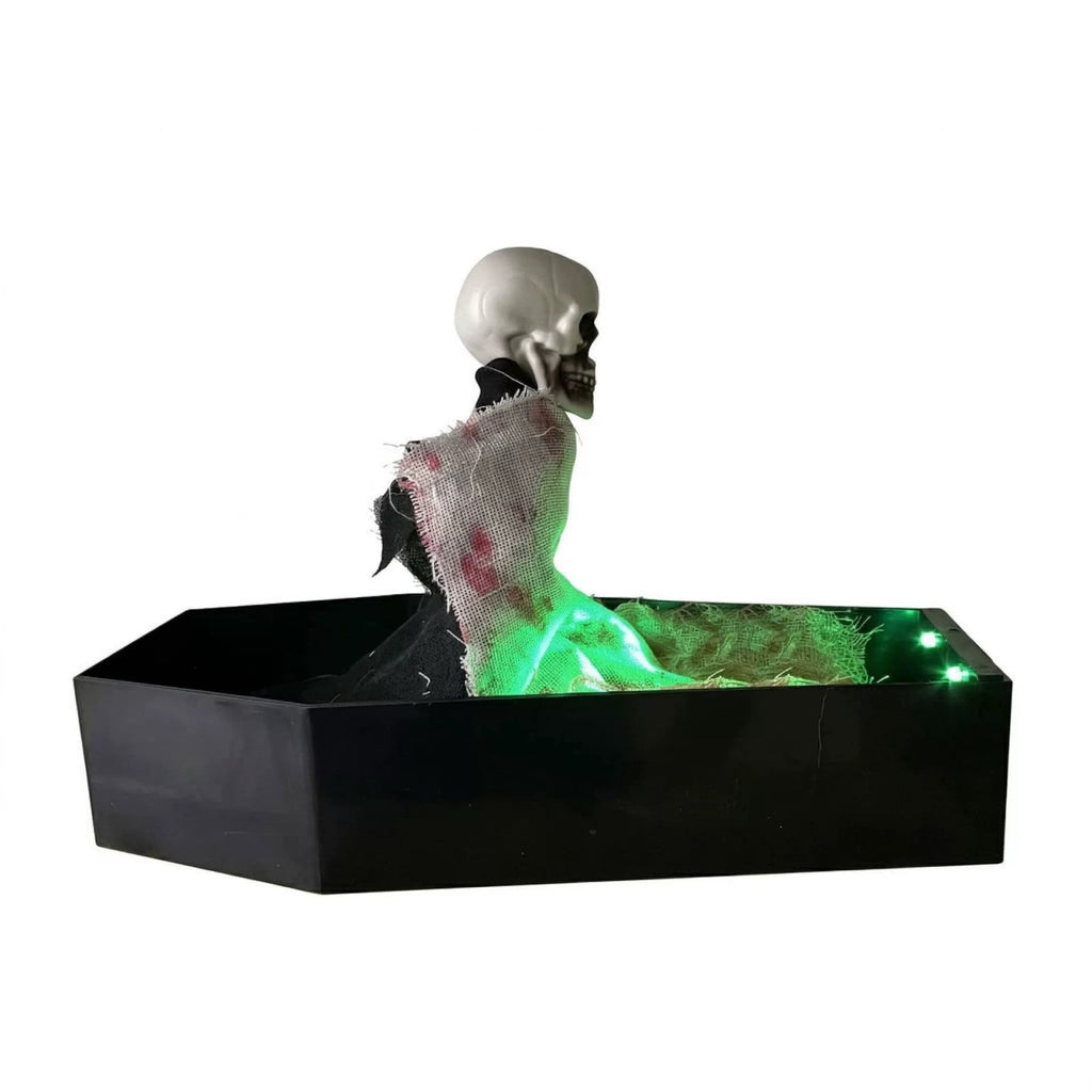 Voice Activated Animated Skeleton over Tombstone, Halloween Decorations Animatronic Coffin Skeleton Toys with Green Light, for Indoor or Covered Outdoor Use, Spooky Summerween Party Decor