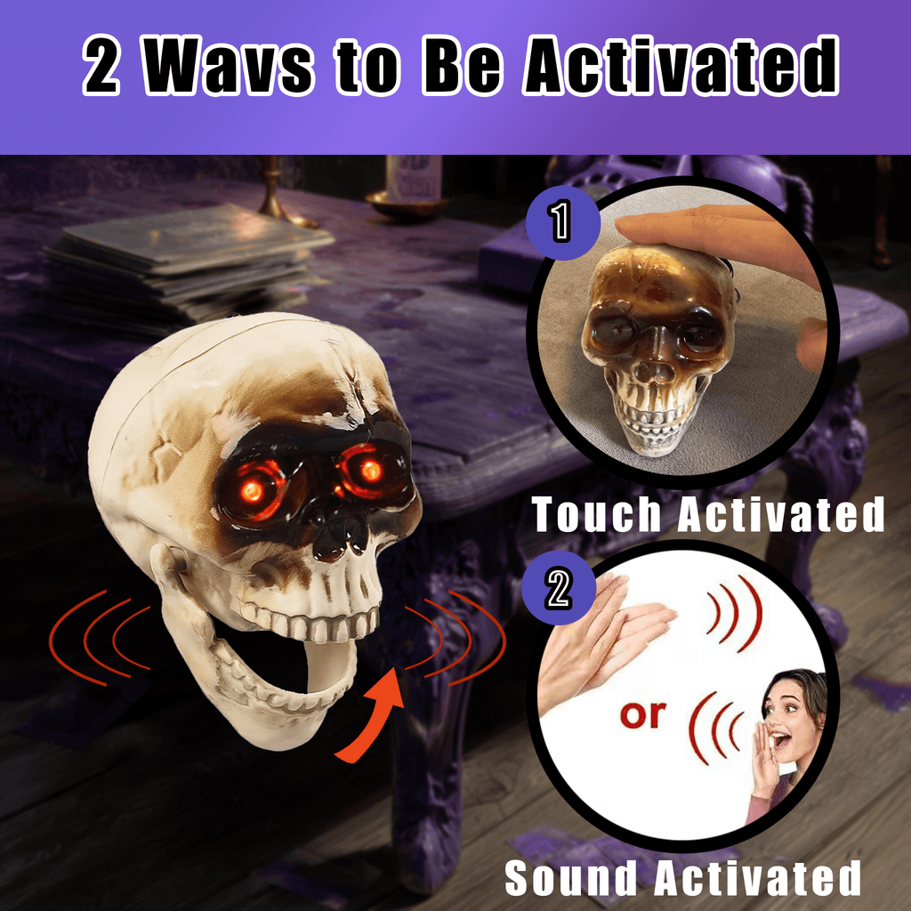 Halloween Animated Skull Head, Hanging Skeleton Head with Red Lighting Eyes Creepy Voice Scary Motion & Touch Sensor , Halloween Decor Prop for Indoor/Outdoor