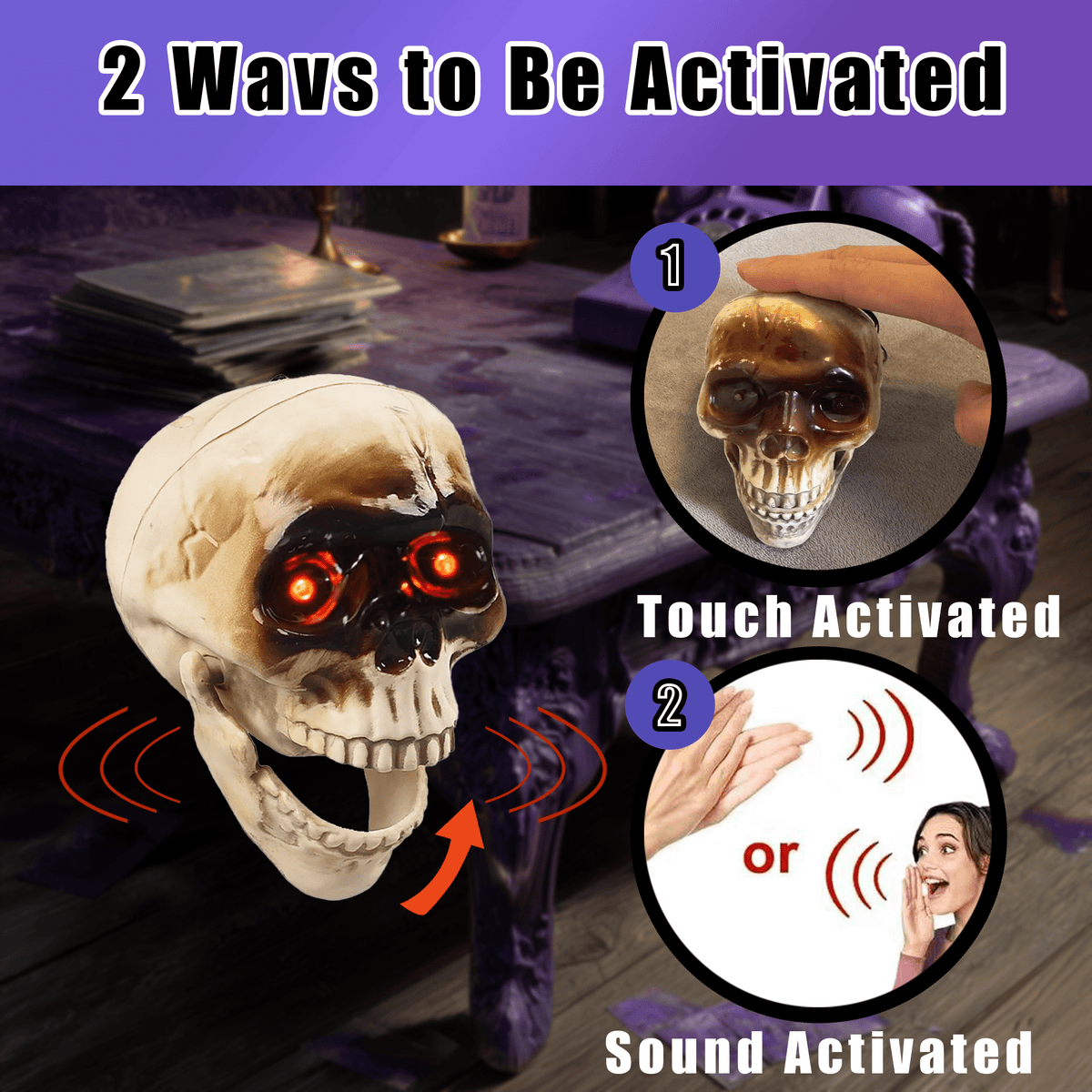 Halloween Animated Skull Head, Hanging Skeleton Head with Red Lighting Eyes Creepy Voice Scary Motion & Touch Sensor , Halloween Decor Prop for Indoor/Outdoor