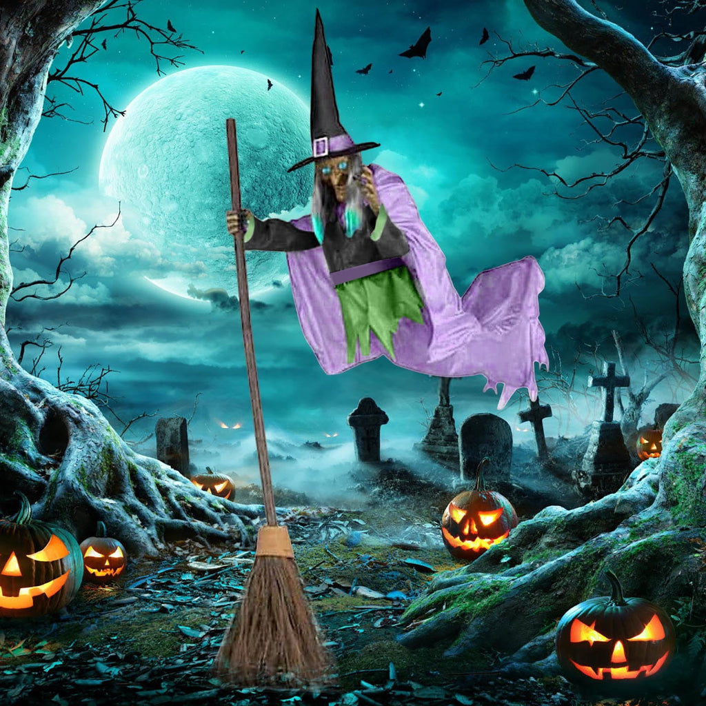 Animated Flying Witch Prop 70.86" - Light Up Sound Halloween Decoration with Broomstick for Indoor Outdoor Green