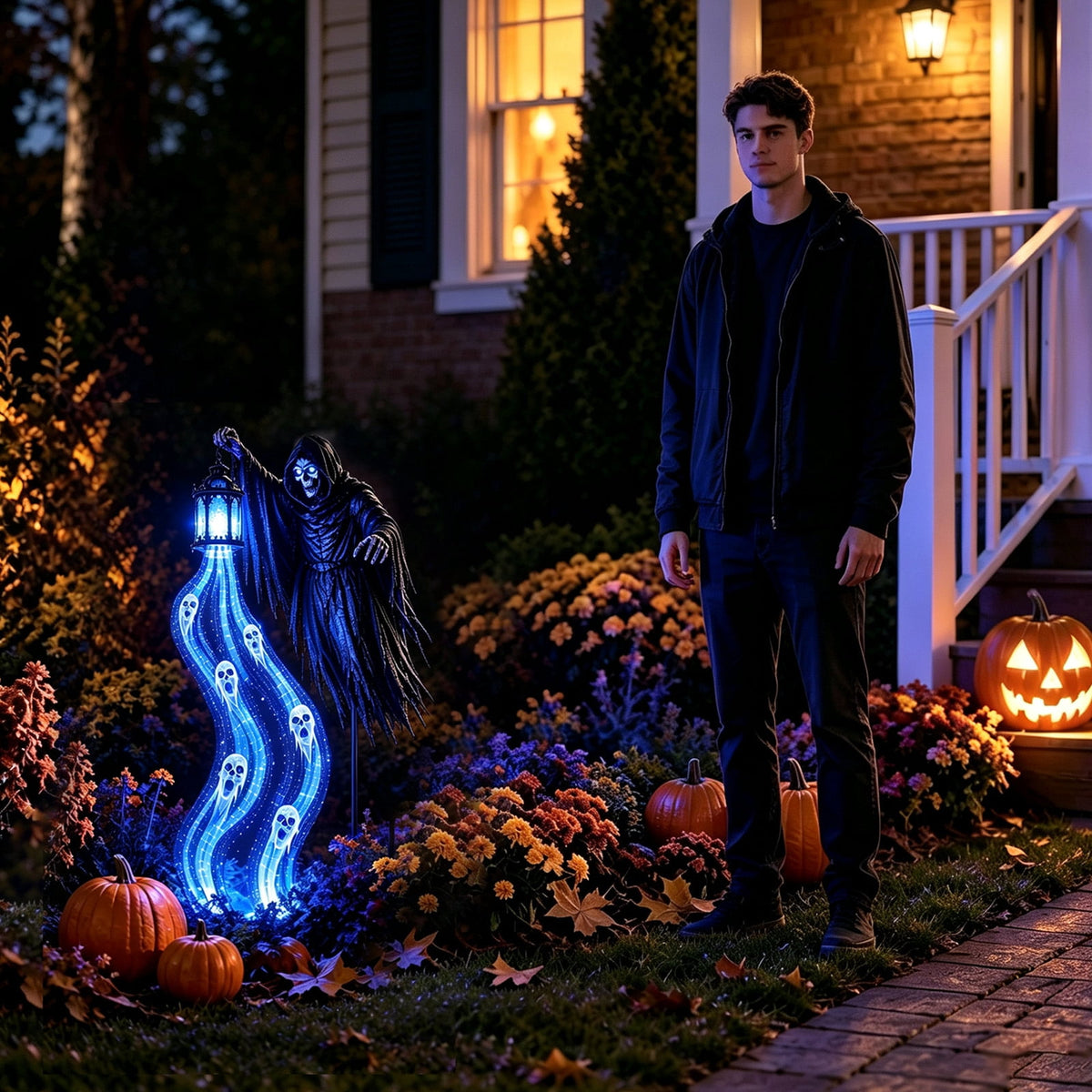 Halloween Soul Harvester Animated Solar Garden Stake Light, 31.5 Inch Grim Reaper Ghost Light with Blue LED Lantern, Spooky Solar Yard Stake Decor for Lawn Garden Pathway Halloween Party