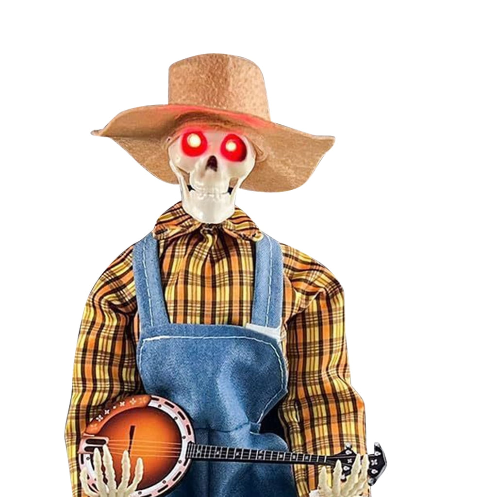 15" Animated Banjo Cowboy Skeletons with Clothes and Hat for Party Shelf Halloween Decorations(Red)