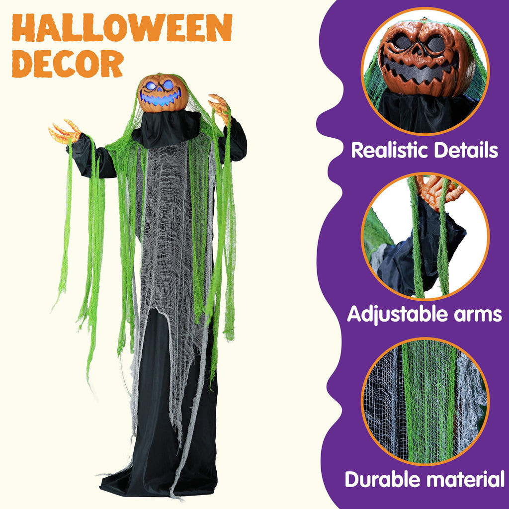 Joyfy 67"(5.6ft) Standing Grim Reaper with Chain, Large Halloween Decorations Outdoor, Life Size Animatronics Skelton, Sound-Actived Party Decor with Creepy Sound & LED Eyes, Scary Haunted House Prop