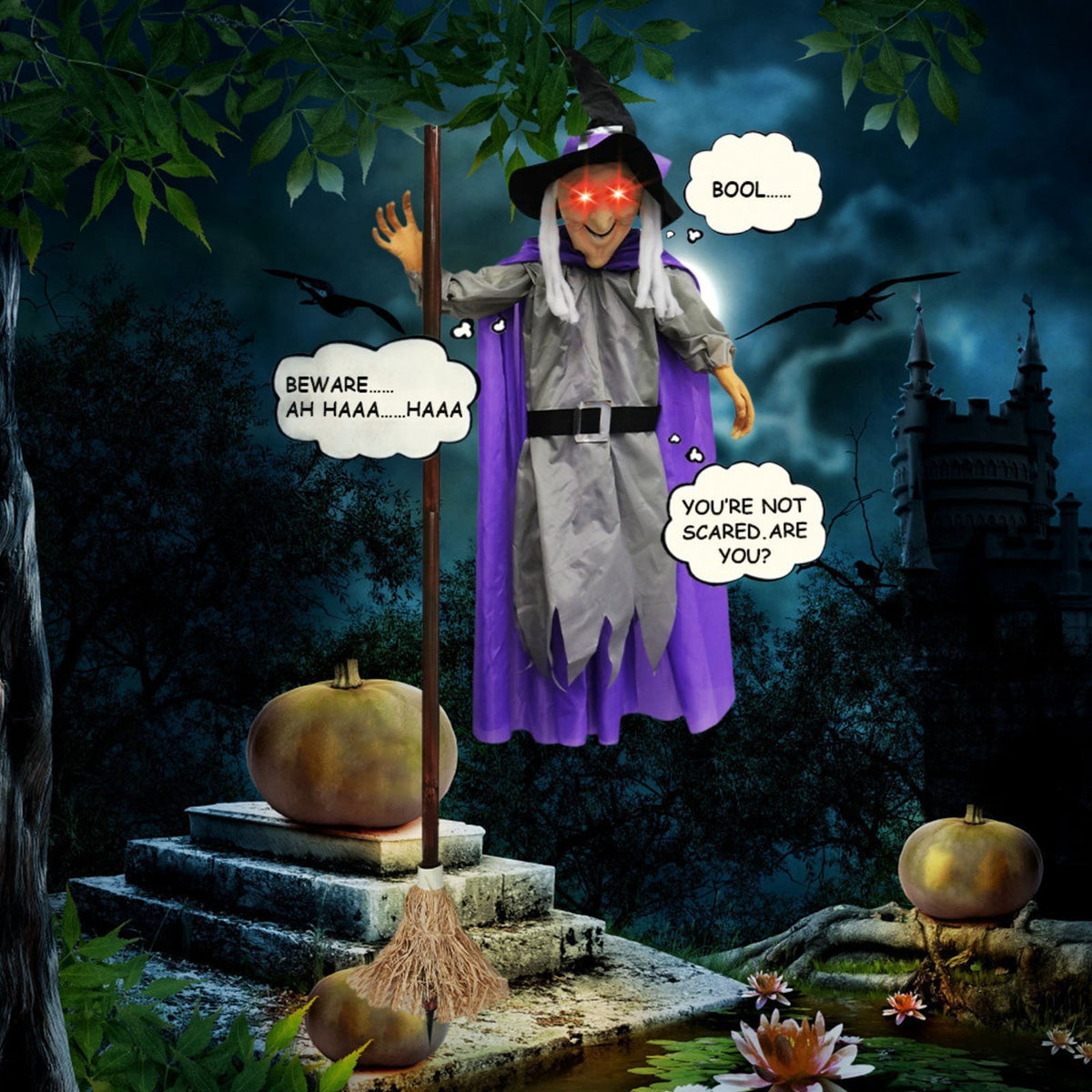 Halloween Flying Witch on Broom Decorations, 6 FT Animated Hovering Witch Animatronics Holding Sweeper Props with Scary Lights, House Decor for Outside Indoor Garden Yard Lawn