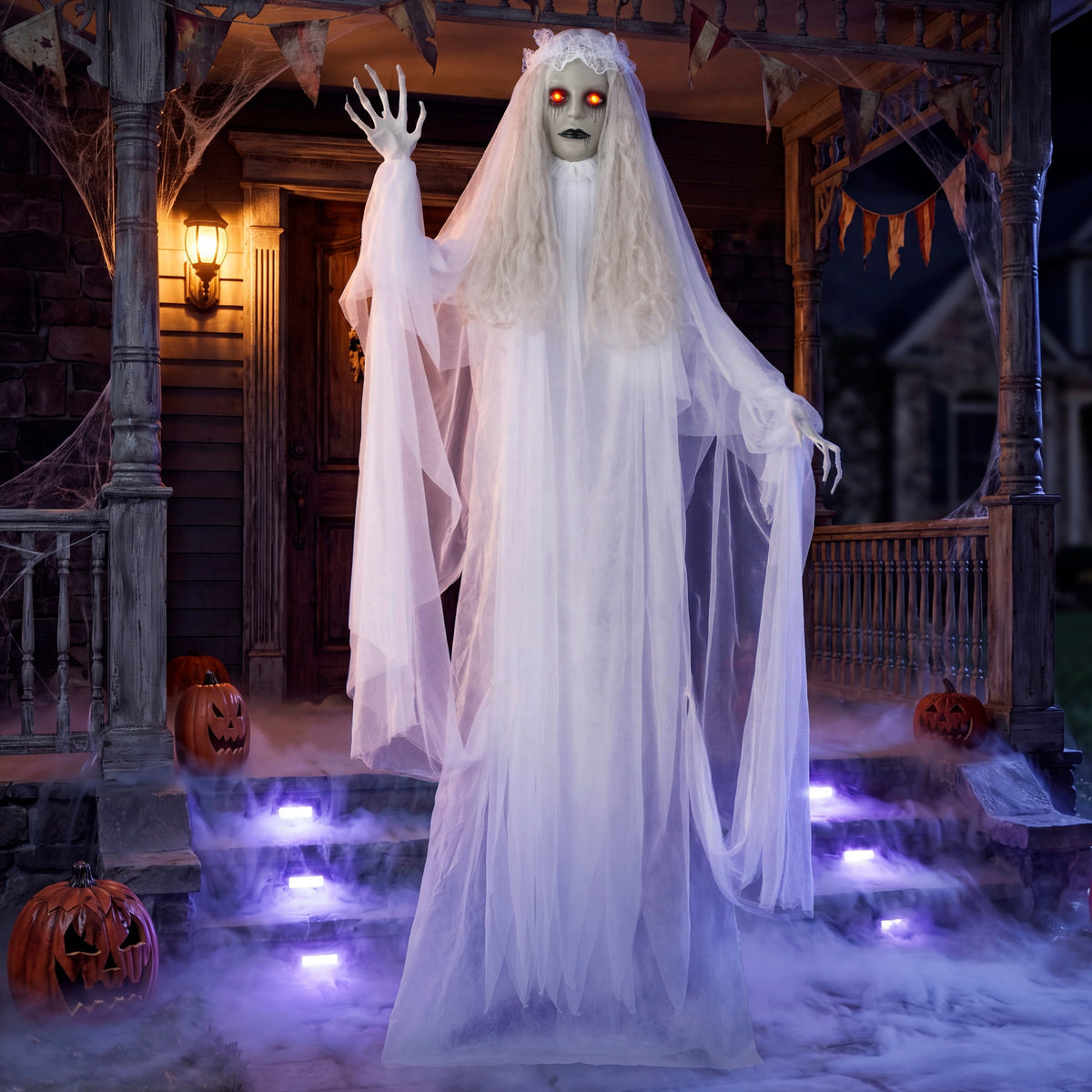 Joyfy 67"(5.6ft) Standing Ghost Large Halloween Decorations Outdoor, Sound-Actived Skeleton with Glowing Eyes & Creepy Sound, Scary Halloween Life Size Animatronics, Haunted House Props for Yard Lawn