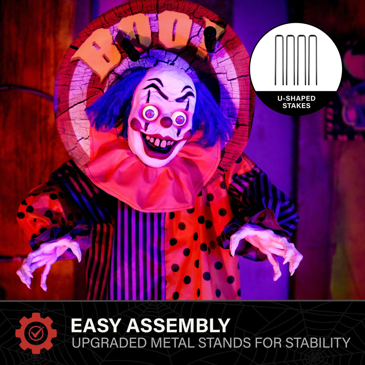 Haunted Hill Farm Red LED Battery-Powered Standing Clown Halloween Animatronic Animated 5.3-ft.