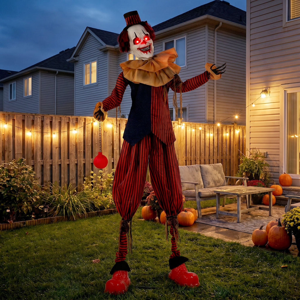Halloween Decoration Animated Clown, 94.5-Inch Sound and Touch Activated Prop with Red LED Eyes and Moving Arms for Indoor or Covered Outdoor Use