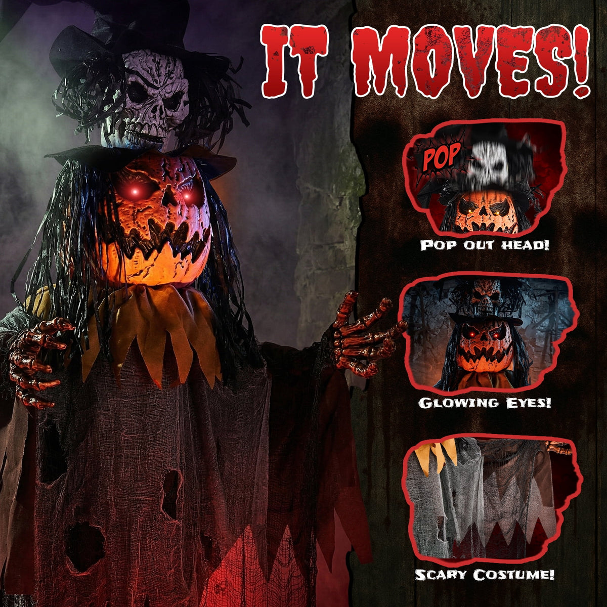 Ktaxon 6ft Pumpkin Man Animated Animatronic Decoration Creepy Halloween w/ Classic Cape Creepy Cloaked Jack-o'-Lantern for Porch & Yard
