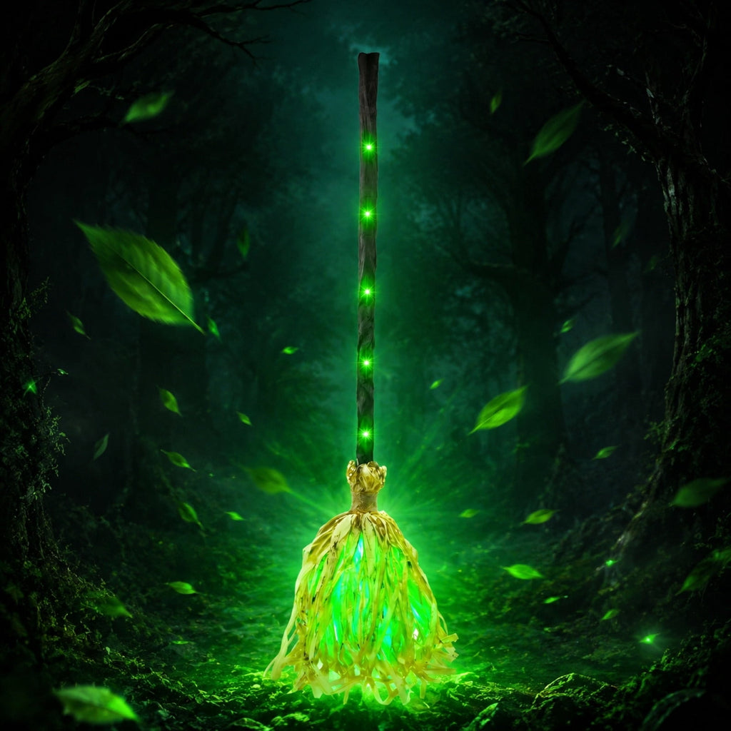 Light Up Animated Witch Broom with Sound, Dancing Magic Witch Broom Prop, Indoor Outdoor Halloween Decorations, Glowing Green LED Broom Ornament for Yard Haunted House Halloween Party Scene Decor