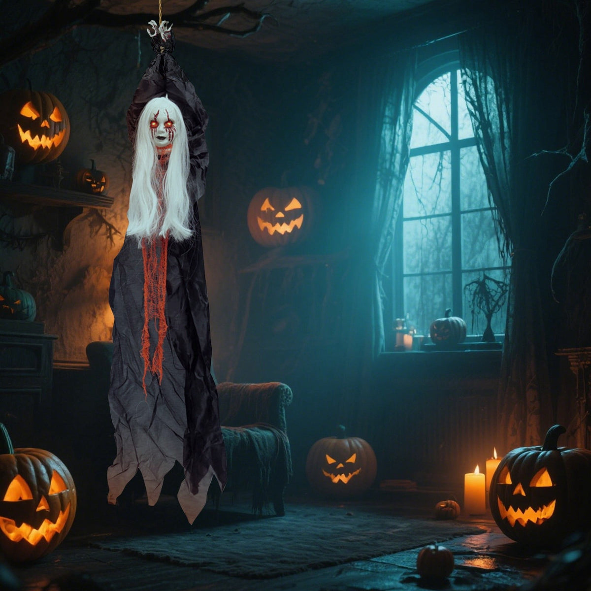 XHKUYI Animated Hanging Ghost 63 Inch, Glowing Red Eyes Ghost with Tattered Cloth Body Sensor Feature and Suspended Figure Shape, for Halloween Porch Yard Door Party Scene Decor