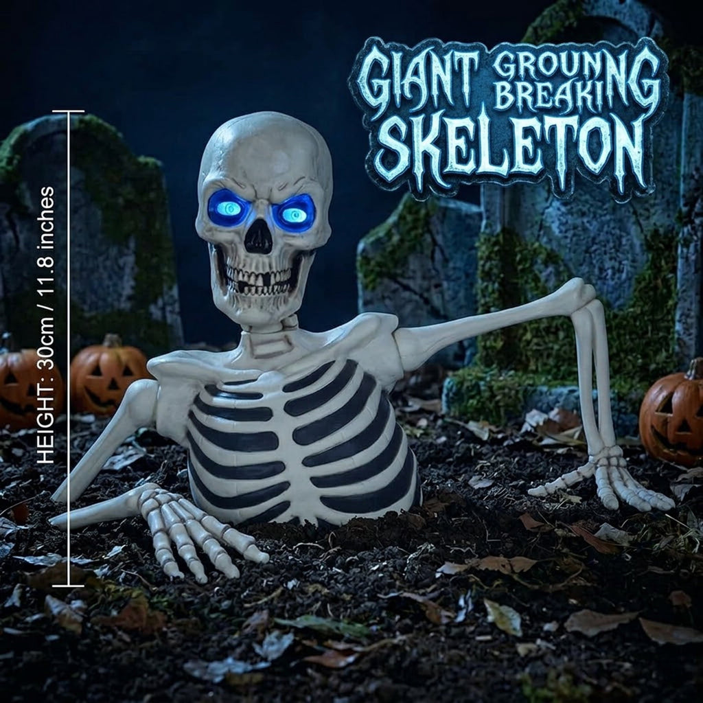 Ground Breaking Skeleton with LCD Eyes, Halloween Prop, 12 Inch Animated Ghost Skeleton with Sound Activated Glowing Eyes, Outdoor Graveyard Haunted Yard Spooky Party Decoration
