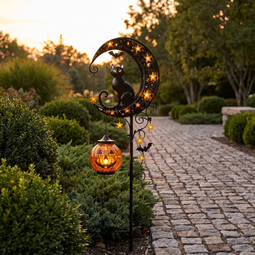 Solar Halloween Metal Moon Black Cat Garden Stake with LED Pumpkin Lantern, Light Up Star Bat Yard Decor Stake, Spooky Outdoor Lawn Pathway Halloween Decoration
