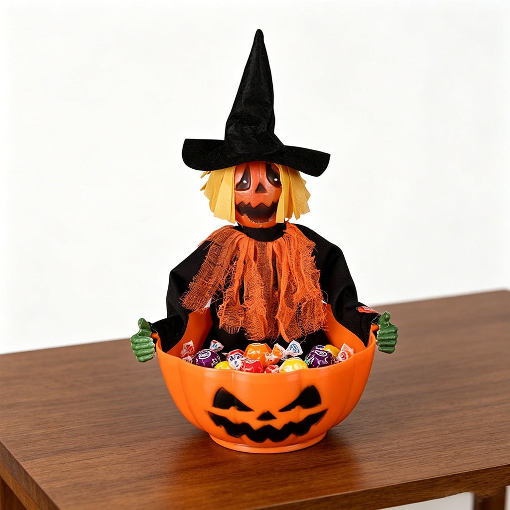 Halloween Candy Bowl, Animated Skeleton Candy Dish with Motion Activated Screaming Witch, Light Up Red Eyes Sound, Festive Serving Bowl for Party, Table, Home Decorative Display, 11"x10.6"