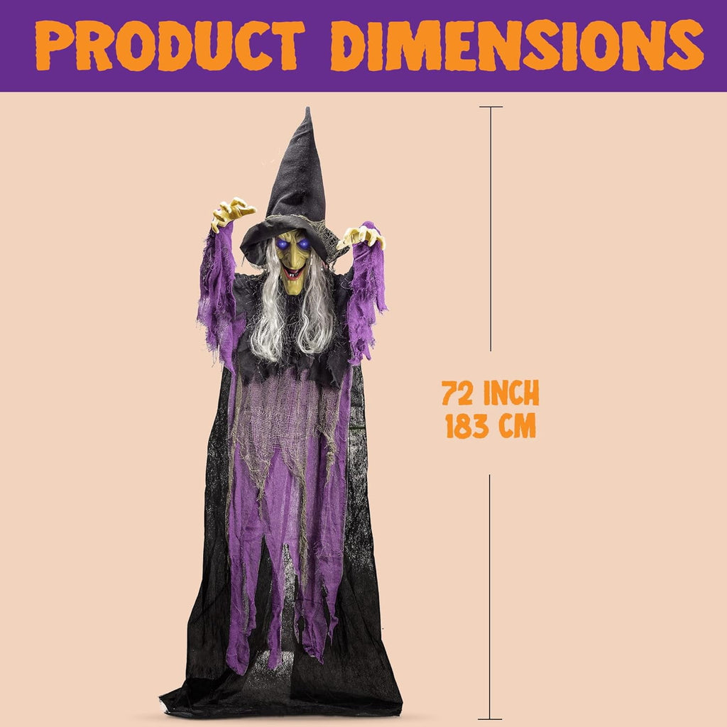 Joyfy 6ft Halloween Witch Decoration,Outdoor Scary Halloween Animatronic Hanging Witch with Light Up Eyes and Sound Decoration for Halloween Outdoor