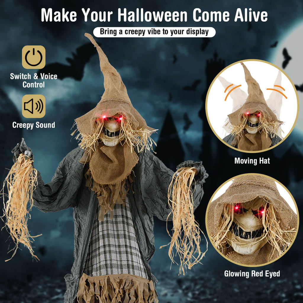Costway 7 FT Halloween Decoration Animated Standing Scarecrow Light-up Eyes Poseable Arm