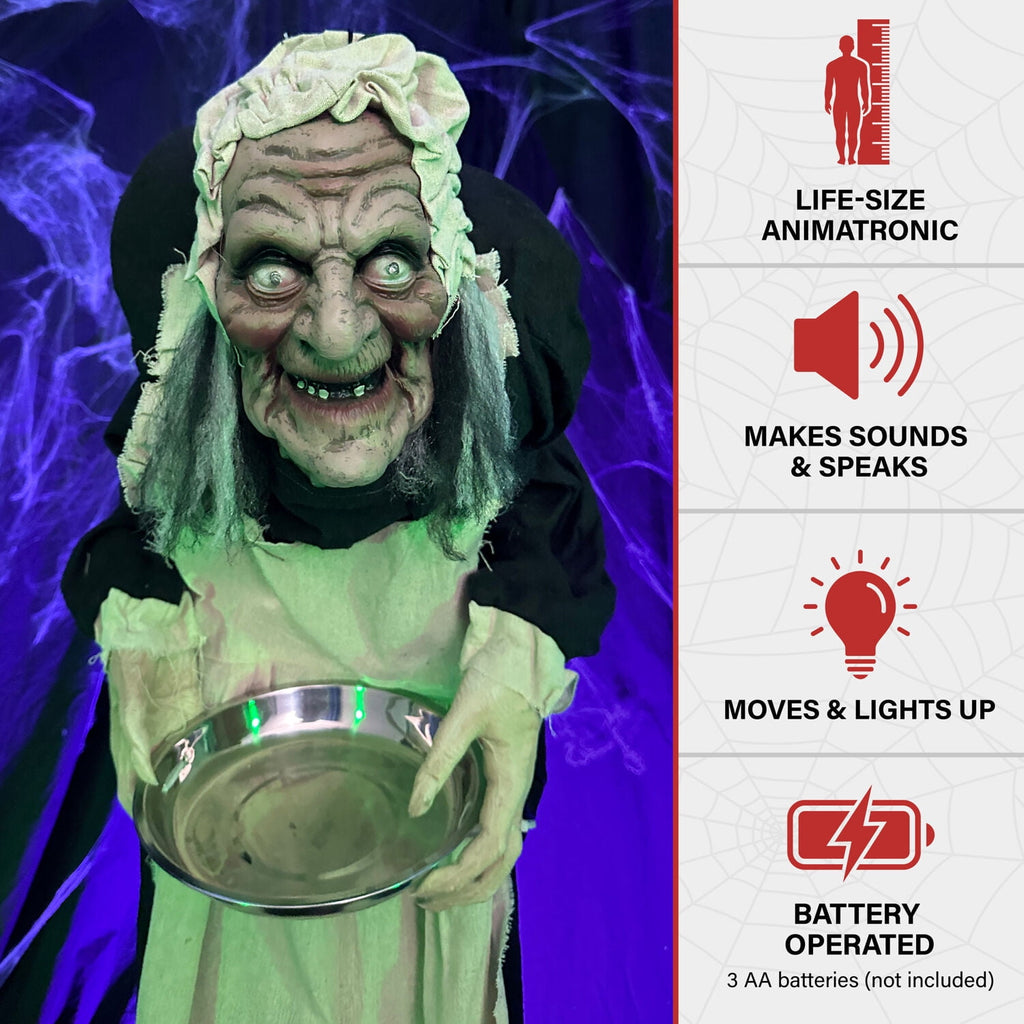 Haunted Hill Farm 5 ft Life-Size Animatronic Indoor/Covered Outdoor Zombie Maid Halloween Decoration, HHLADY-4FLSA