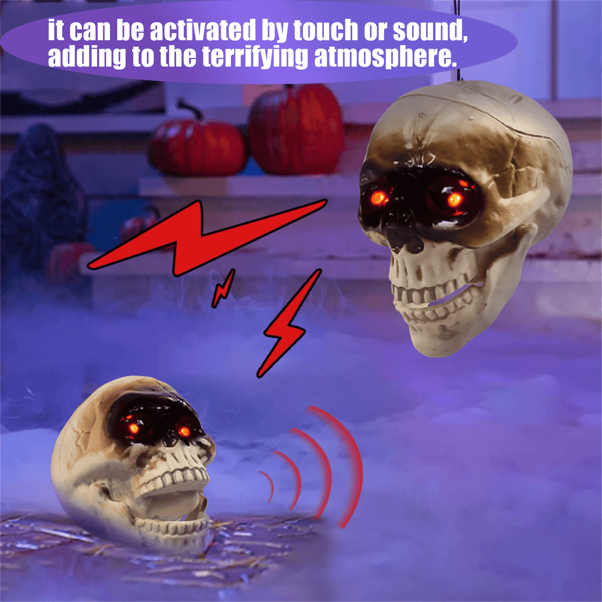 Halloween Animated Skull Head, Hanging Skeleton Head with Red Lighting Eyes Creepy Voice Scary Motion & Touch Sensor , Halloween Decor Prop for Indoor/Outdoor