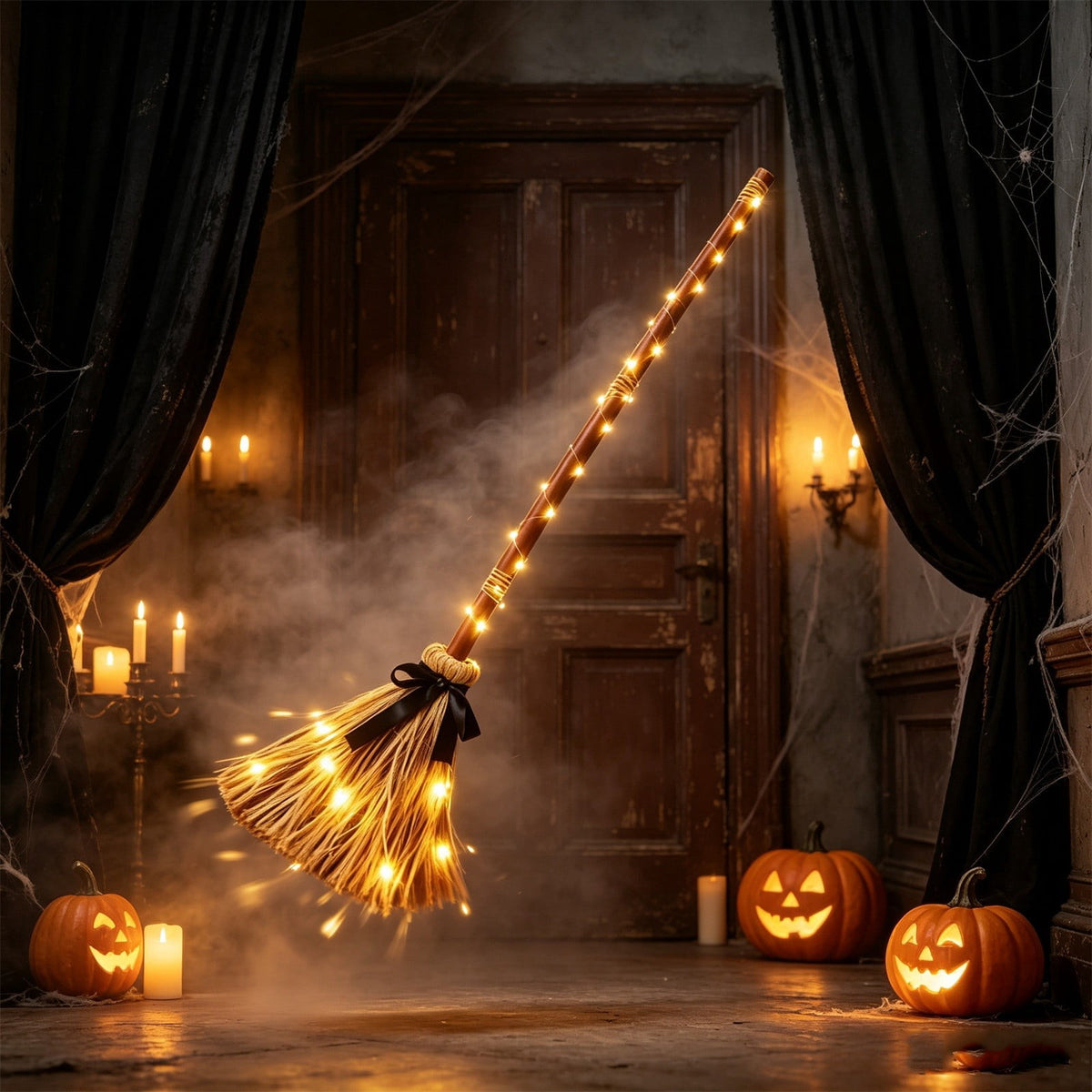 Clearance Gunhay Halloween Witches Broom Decor, 37.4" Animated Floating Broomstick for Spooky Sounds, Light-up Dancing Magic Witch Broom, Rustic Farmhouse Decoration for Indoor Outdoor