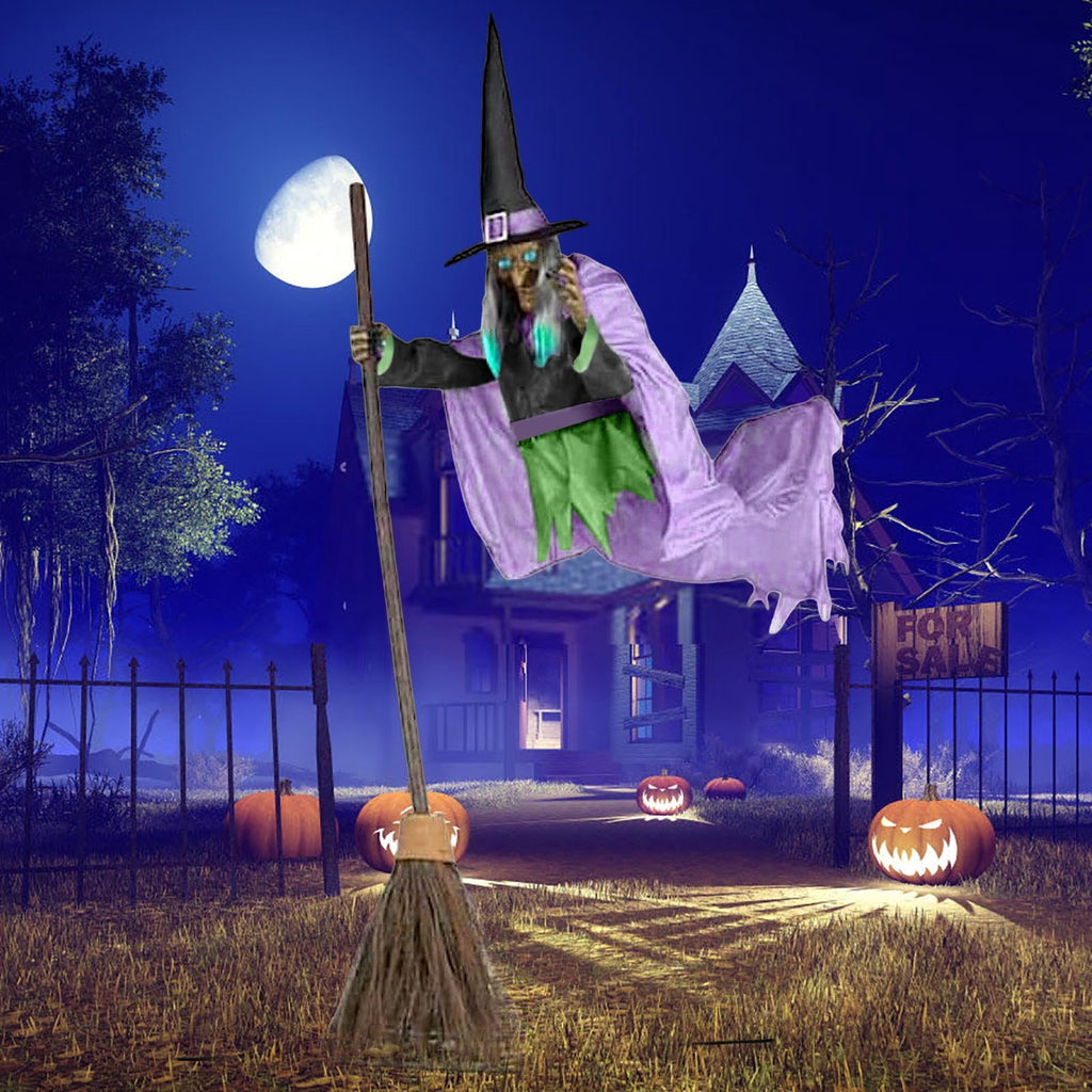 Animated Flying Witch Prop 70.86" - Light Up Sound Halloween Decoration with Broomstick for Indoor Outdoor Green